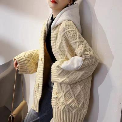 Knitted Sweater Jacket Female Loose Outer Wear Fall and Winter Retro Thick Line Twisted Medium-length Paragraph Splicing Hooded Cardigan