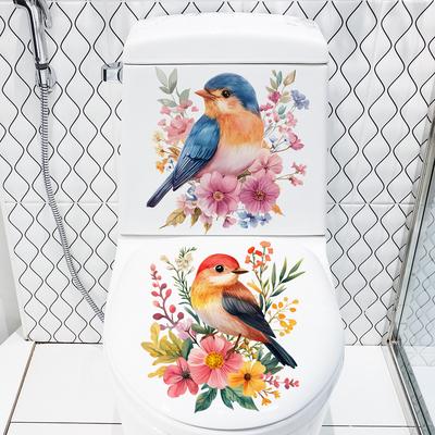 Sticker Ludique Oiseau et Fleurs pour Abattant de WC Imperméable Auto-adhésif Amovible pour Décoration de Salle de Bain WC