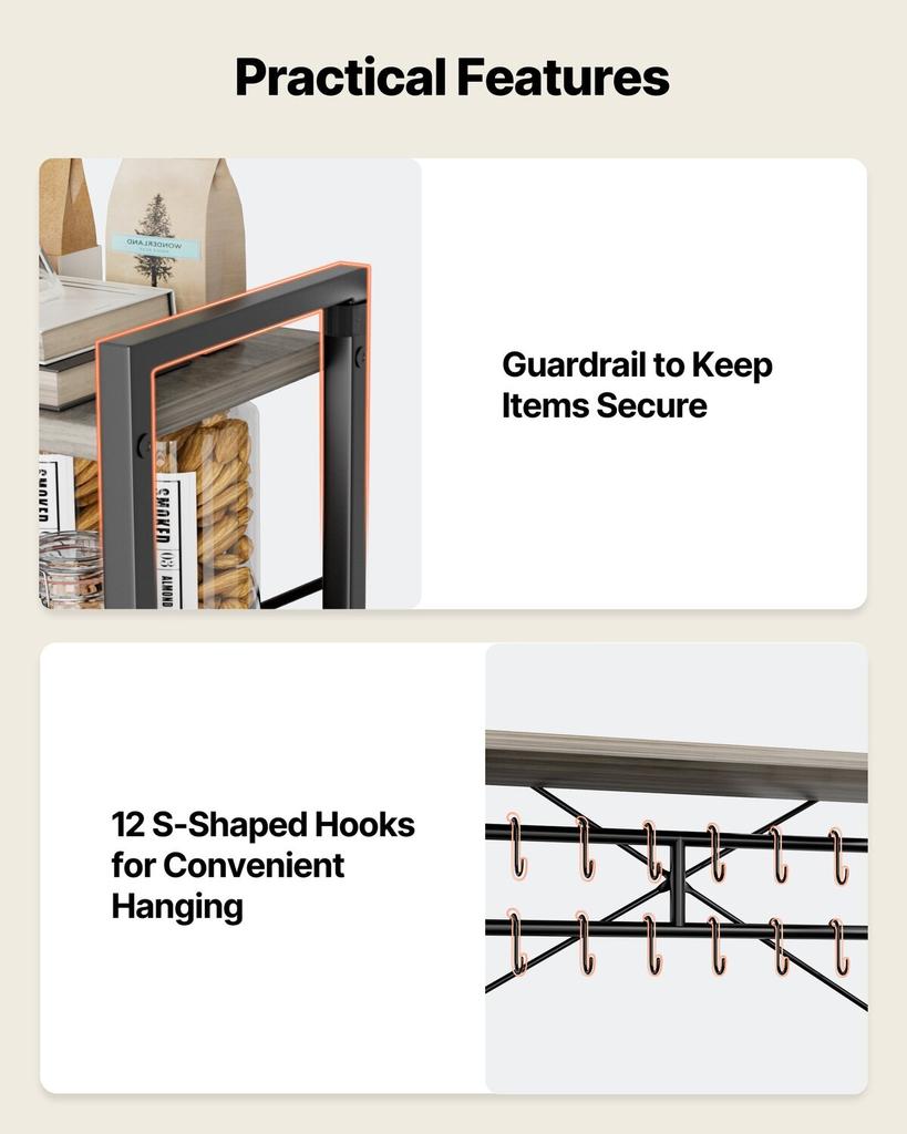 Kitchen Bakers Rack, 600 mm Width Bakers Rack, Kitchen Stand with X-Shaped Support Bar, 12 S-Shaped Hooks, Double-Layer Top Shelf, Coffee Bar Stand