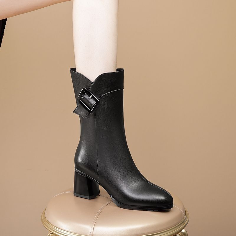 Leather Women's Half High Boots Autumn Winter Elegant Heeled Ladies Mid Calf Shoes 2025 Novelty Gothic New in Boot on Promotion