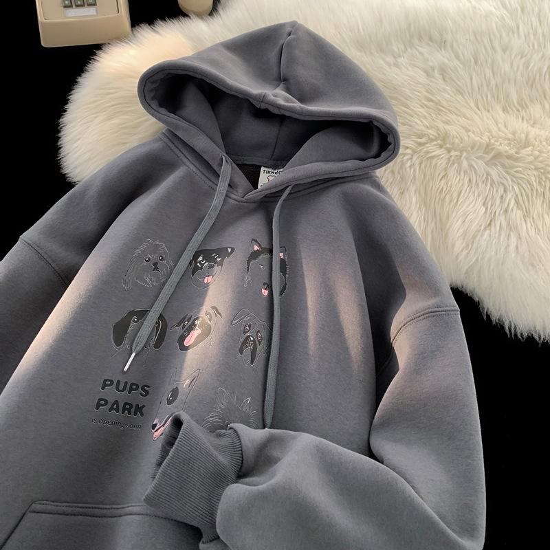 

Retro Street Leisure Autumn and Winter New Puppy Print Hooded Sweater Men s Loose Plus Velvet Coat XXXL