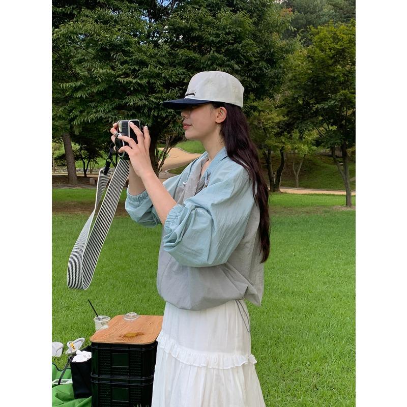 South Korea Chic Autumn Retro Drawstring Contrast Color Patchwork Design All-Match Long Sleeve Hood Jacket Women