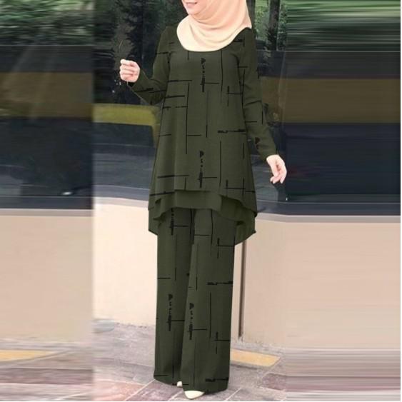 Women's Muslim Daily Double-Layer Vertical Stripe Chiffon Set with Elastic Waistband