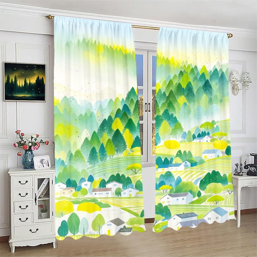 Rural Landscape Pattern Printed Curtains Pole Bag Christmas Decorations Daily Home Room Made Of Polyester