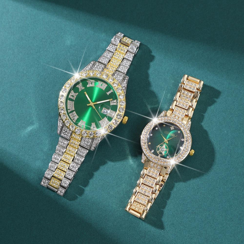

2 Pcs/Set Couple s Watch Set Luxury Rhinestone Set Quartz Watch Analog Elegant Green Dial Watch Ideal for Men and Women