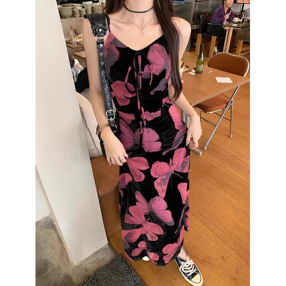 Vintage butterfly print dress women's spring and summer girl style slip skirt with a variety of temperament