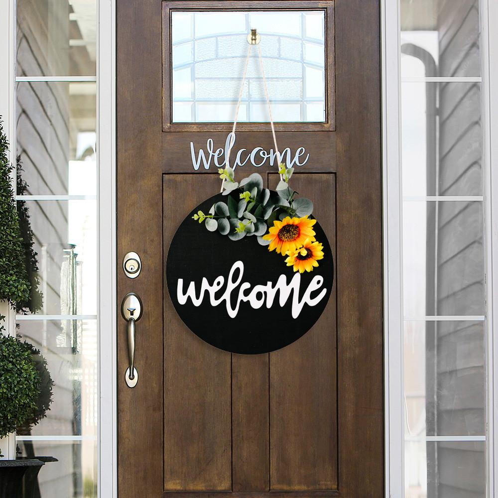 Black Welcome Board Wreath With Beautiful Ribbon Bow And Vibrant Design Sunflower