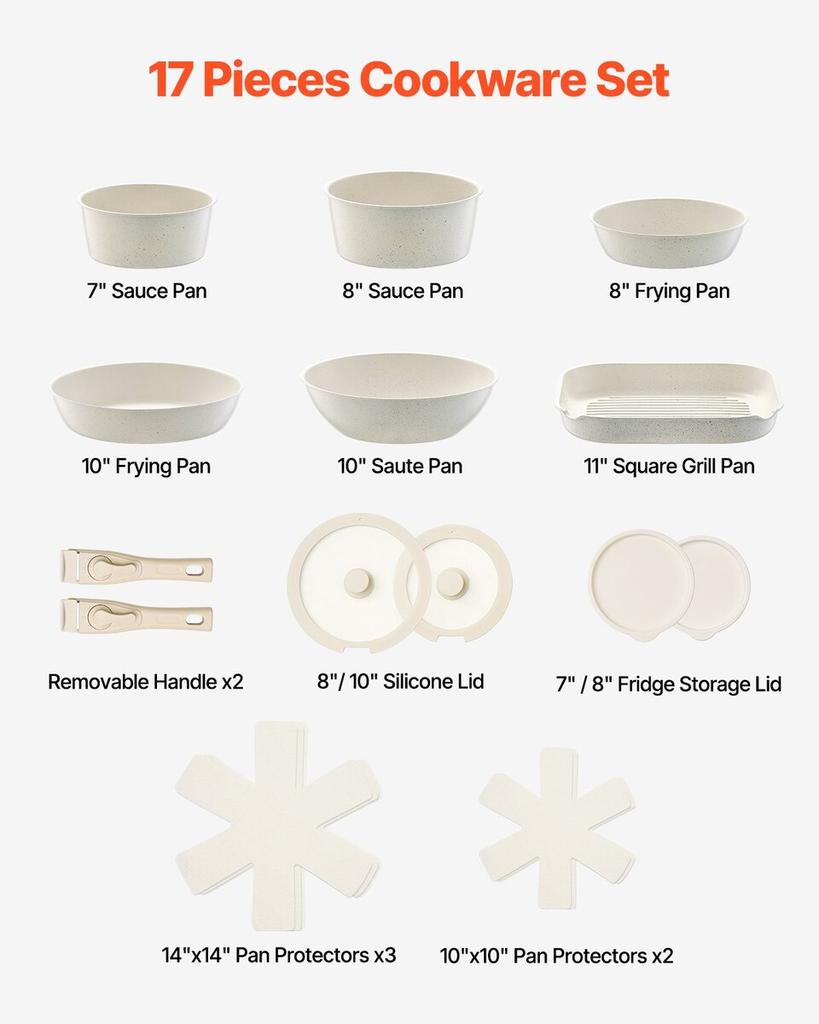 17 Piece Pots and Pans Set Granite Nonstick Kitchen Cookware White