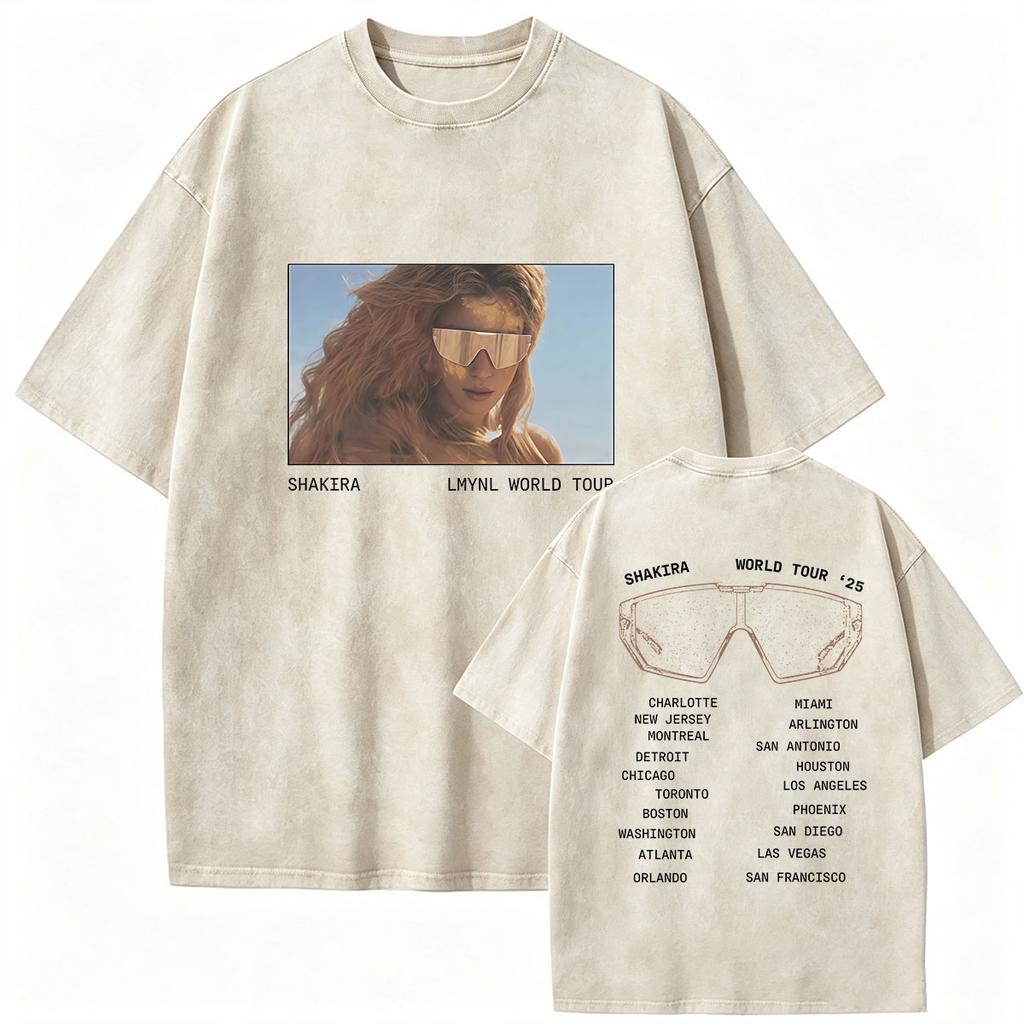 Retro Gewaschen Shakira LMYNL Welttournee 2026 T-Shirts Las Mujeres Ya No Lloran Doppelseitiger Druck T-Shirt Herren Damen Oversized T-Shirts