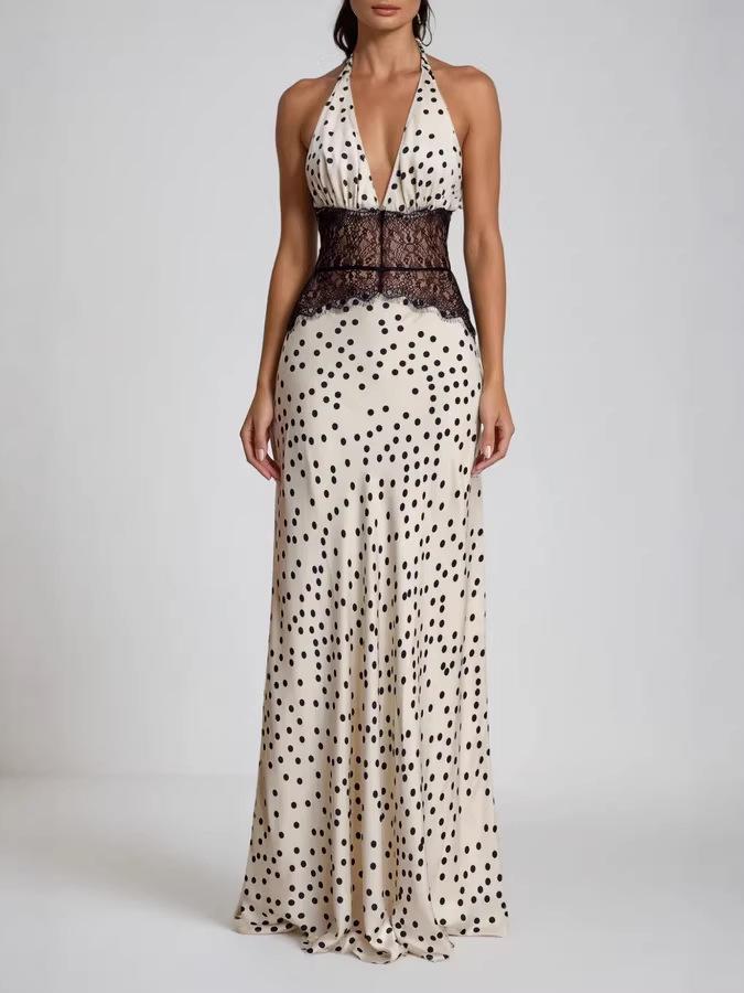 2026 European & American Style Polka Dot Women's Long Dress - Fashionable, Sexy, Backless, Waist-Cinching