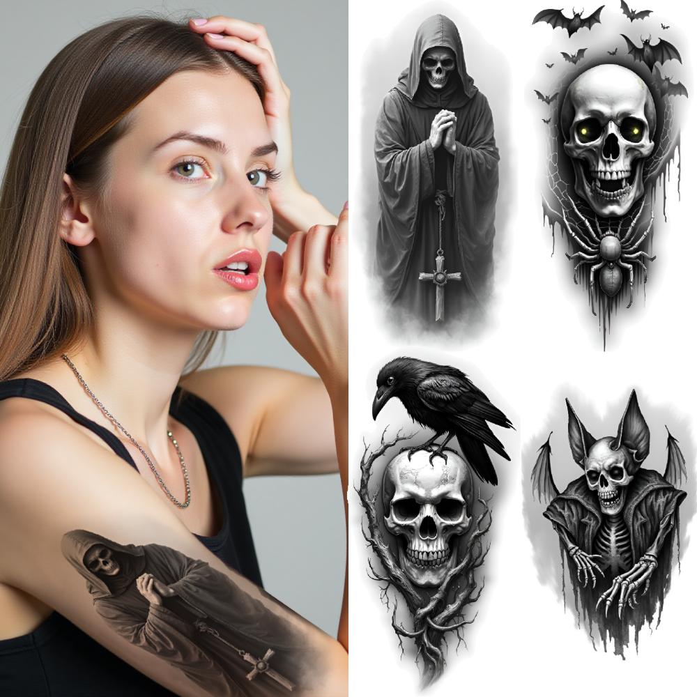 3pcs Temporary Tattoo Black And Grey Realism Bat Skeleton Skull With Flowers Skull With Roses For Adults Thighs Women
