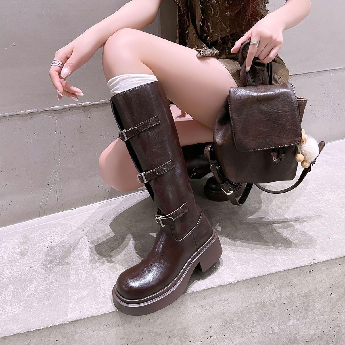 

Belt buckle thick sole thick heel round head elastic fabric women s boots 2025 new fashion versatile heightening boots foreign style fashion 40