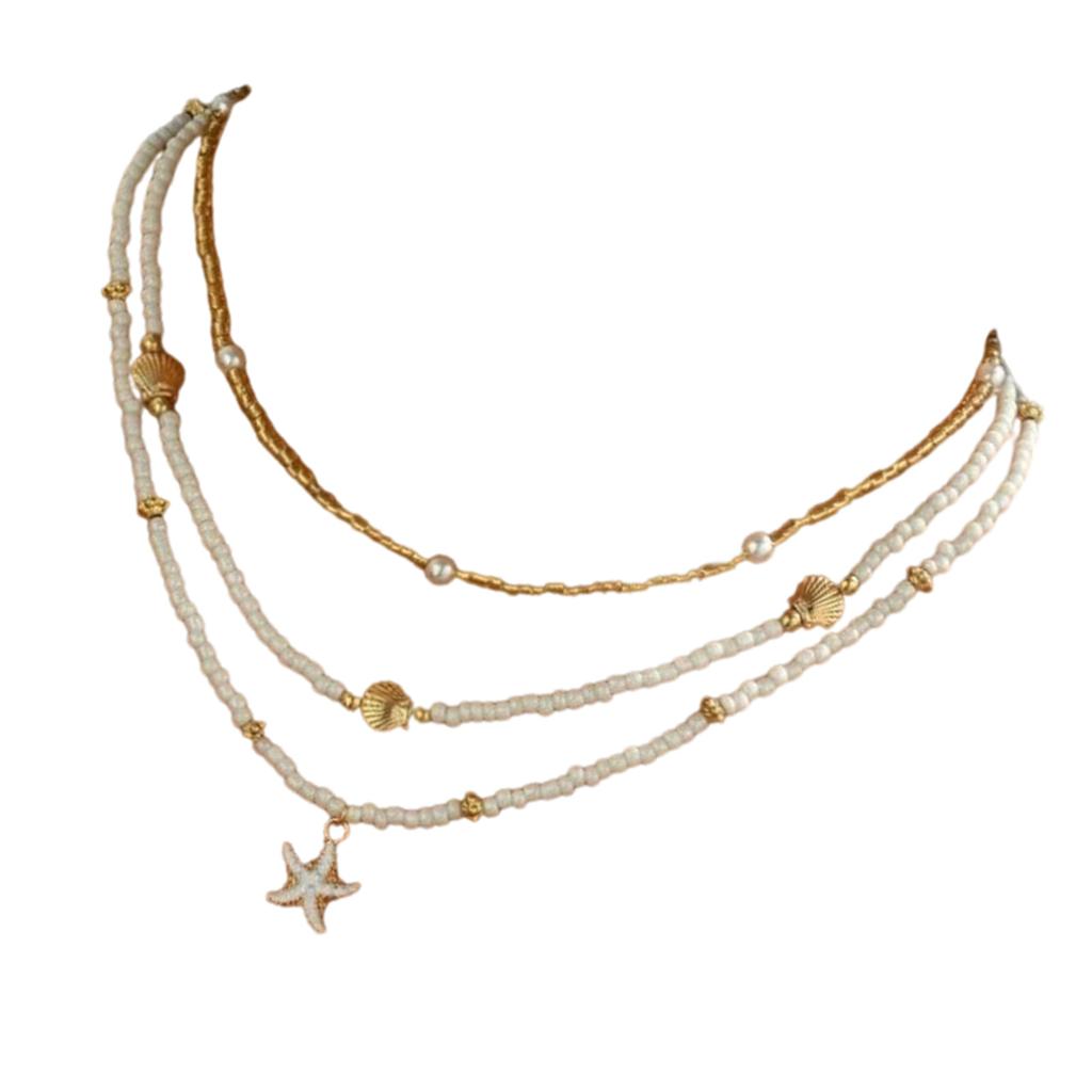 Pack Of 3 Bohemian Adjustable Layering Beaded Necklace/Bracelet With Starfish Shell Pendant For Women Beach Jewelry