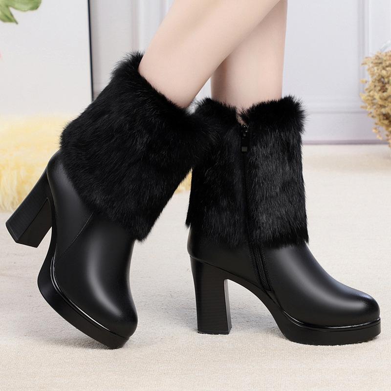 Winter leather women's boots high-heeled model catwalk boots rabbit fur mouth women's cotton boots thick heel cowhide short boots women's wool