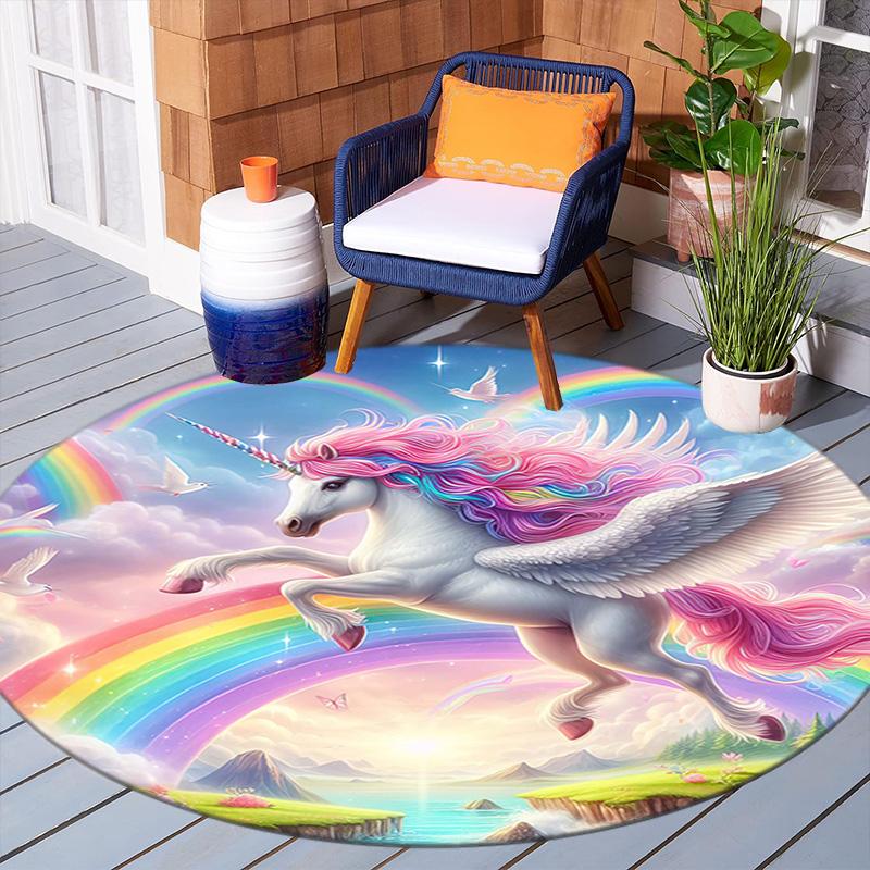 1Pc Cute Unicorn Circular Print Rug - Home Decoration Carpet For Living Room Bedroom Flooring Computer Chair Area Rug