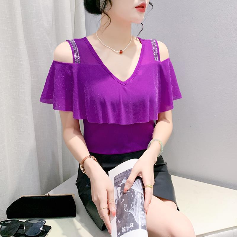 2024 Chic Off-Shoulder Diamond Accent Lotus Sleeve T-Shirt