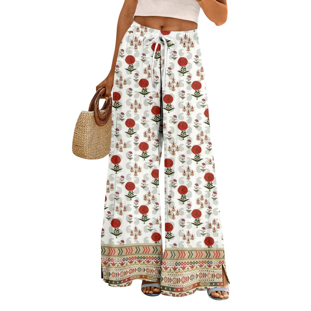 Dames zomer boho palazzo broek met hoge taille, wijde pijpen en bloemenprint, casual broek met zakken