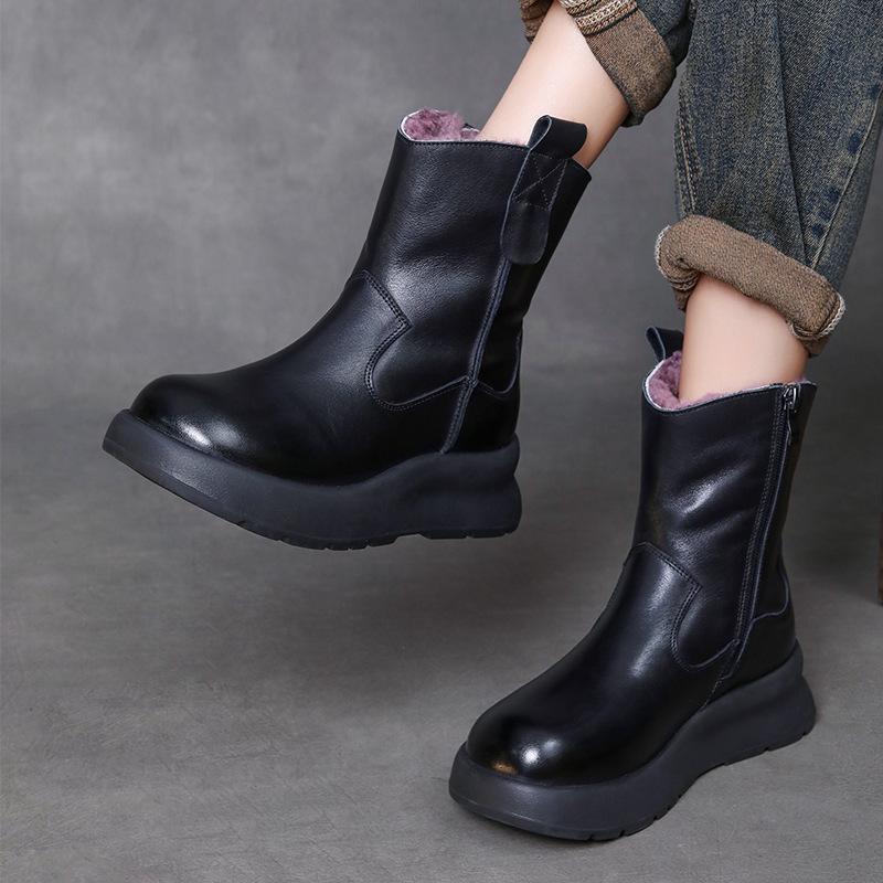 Johnature Genuine Leather Retro Thick Soled Women's Short Boots Versatile Wool Warm Snow Boots