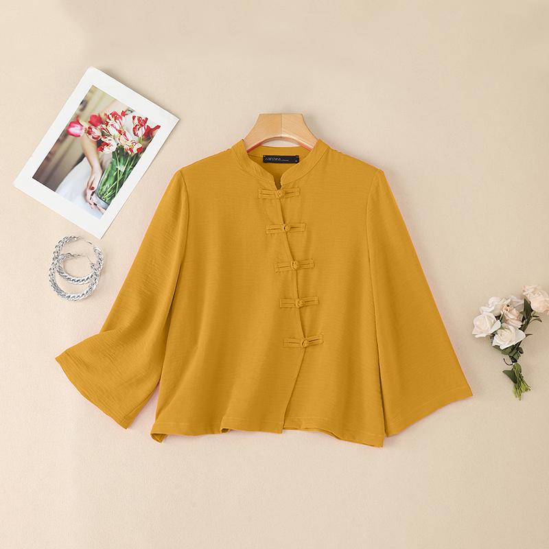 ZANZEA Women Casual Stand Collar Solid Color Loose 3/4 Sleeve Blouse