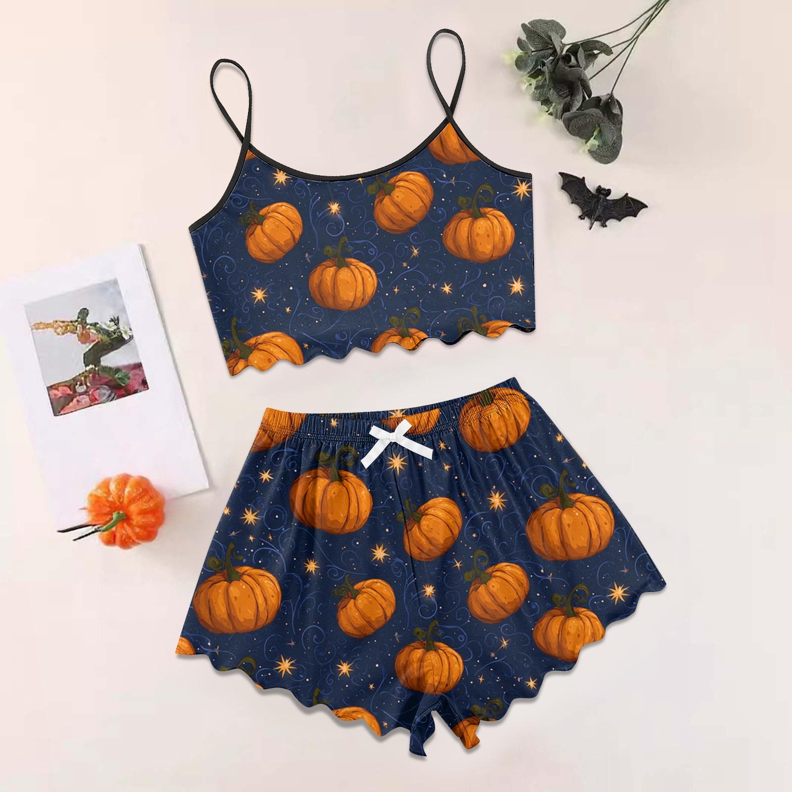 

Women s Halloween Set With Retro Floral Print Suspender Sleeveless Vest Shorts Pajama Set S