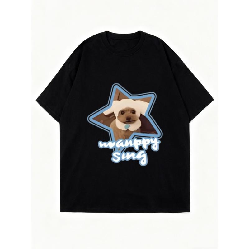 Oversized T-Shirt Black Dog Star Print Wanppy Sing Graphic Tee Casual Streetwear Fashion Women Summer Top
