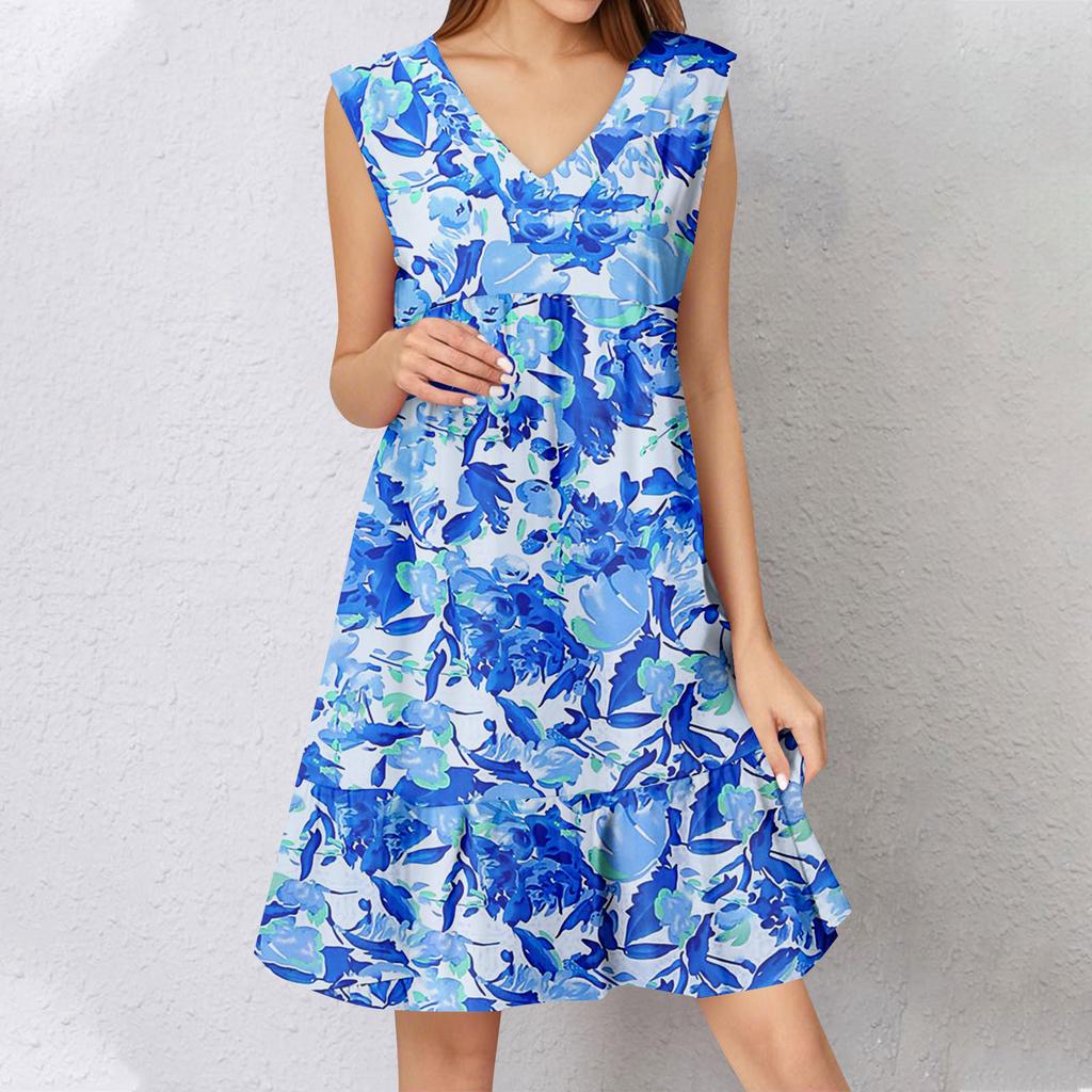 Abito Estivo da Donna Senza Maniche Scollo a V Stampa Abiti Corti Moda Casual Fluido Boho Volant A Linea Svasato Prendisole