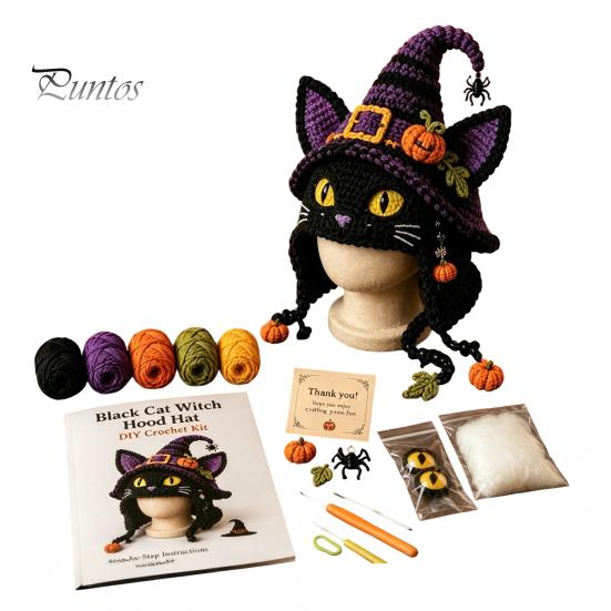 DIY Animal Hood Hat Halloween Crochet Kit, Skull Spider Bat Beginner Friendly Yarn Kit Spooky Pumpkin Earflap Craft for Adults Teens, Autumn