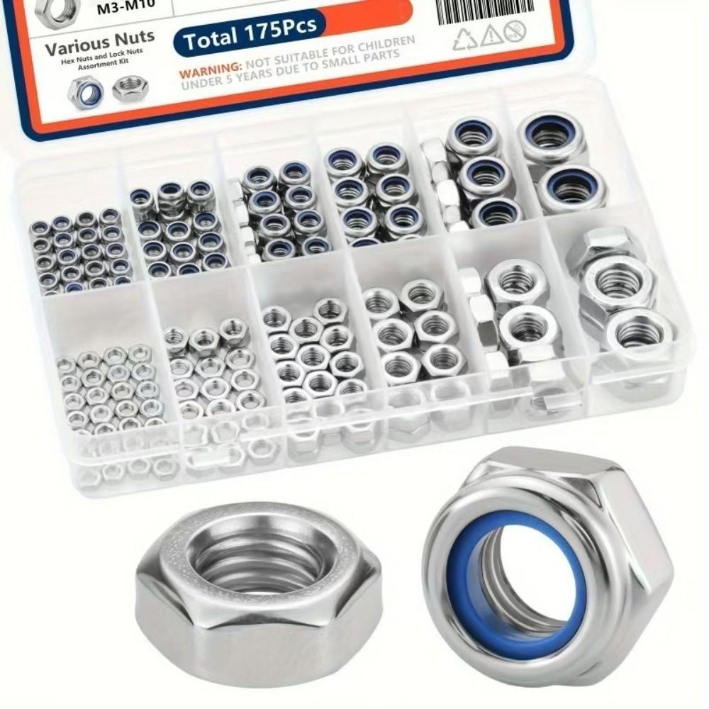 175PCS Stainless Steel Locknuts Nylon Insert Lock Metric Nuts Hardware Set Hex Nuts DIY Projects