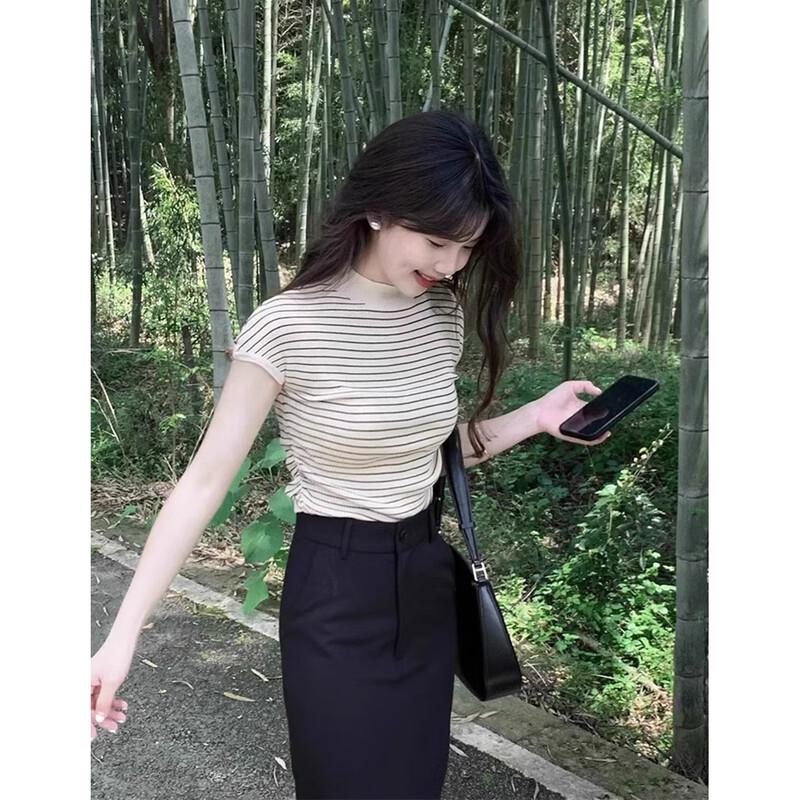 JK&JS Summer Striped Knit Short Sleeve Top One Size