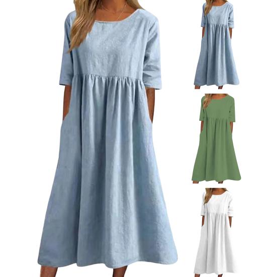 Strandkleid Kurzarm Rundhalsausschnitt Tasche Knitterarm Lässig Alltagskleidung Leinen Einfarbig Damenkleid Urlaubsaccessoire