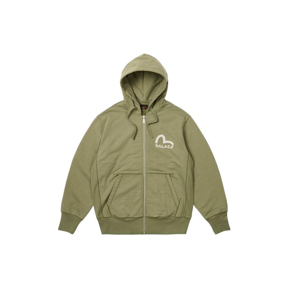 Palace X Evisu Collaboration SS24 Solid Color Zip Casual Logo Print Hoodie Unisex hoodies Military-Green 2ESPAM4SW1150OSFLAGRX