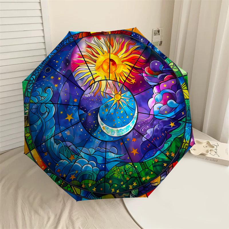 

1PC Sun Moon Automatic Open/Close Umbrella with Windproof, 8-Rib Sturdy Canopy, Durable Ribs, Fashionable Design, Outdoor Accessory, Fun Prin, Holiday