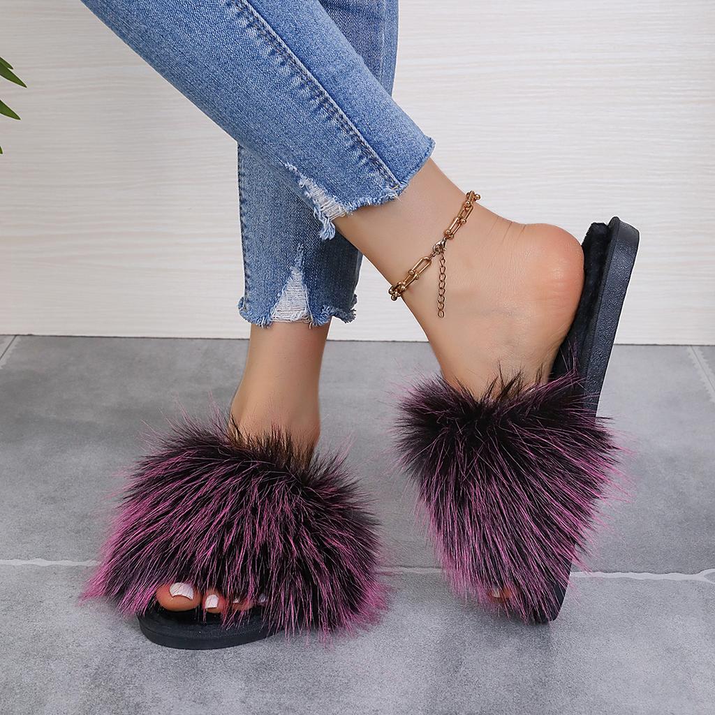 Leisure Slippers for Women Casual Flat Low Heels Sweet Basic Shoes for Women Solid Fur Slip On Winter Slides Plus Size