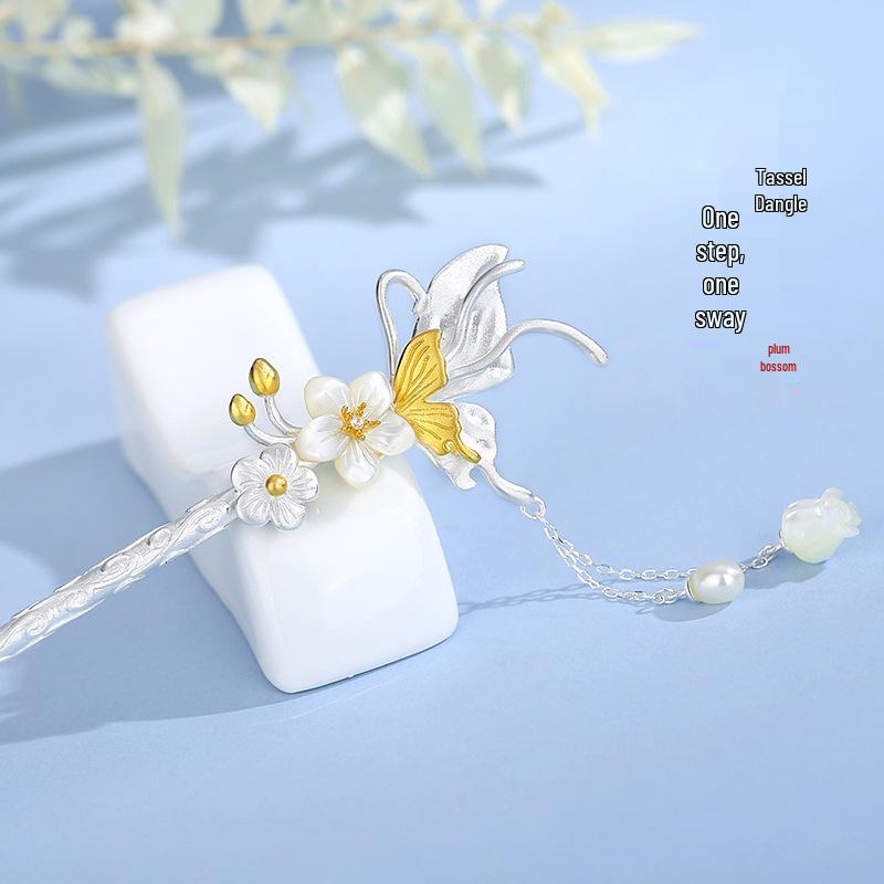 Butterfly Flower Hairpin for Women - S925 Sterling Silver, Chinese Style, Lily of the Valley Tassel, Elegant and Trendy