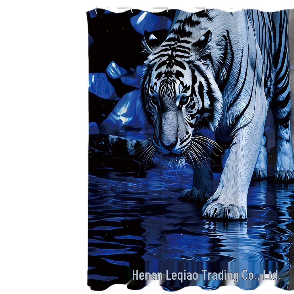 Blue Water & White Tiger Shower Curtain Set with 12 Hooks - Bathroom Decor