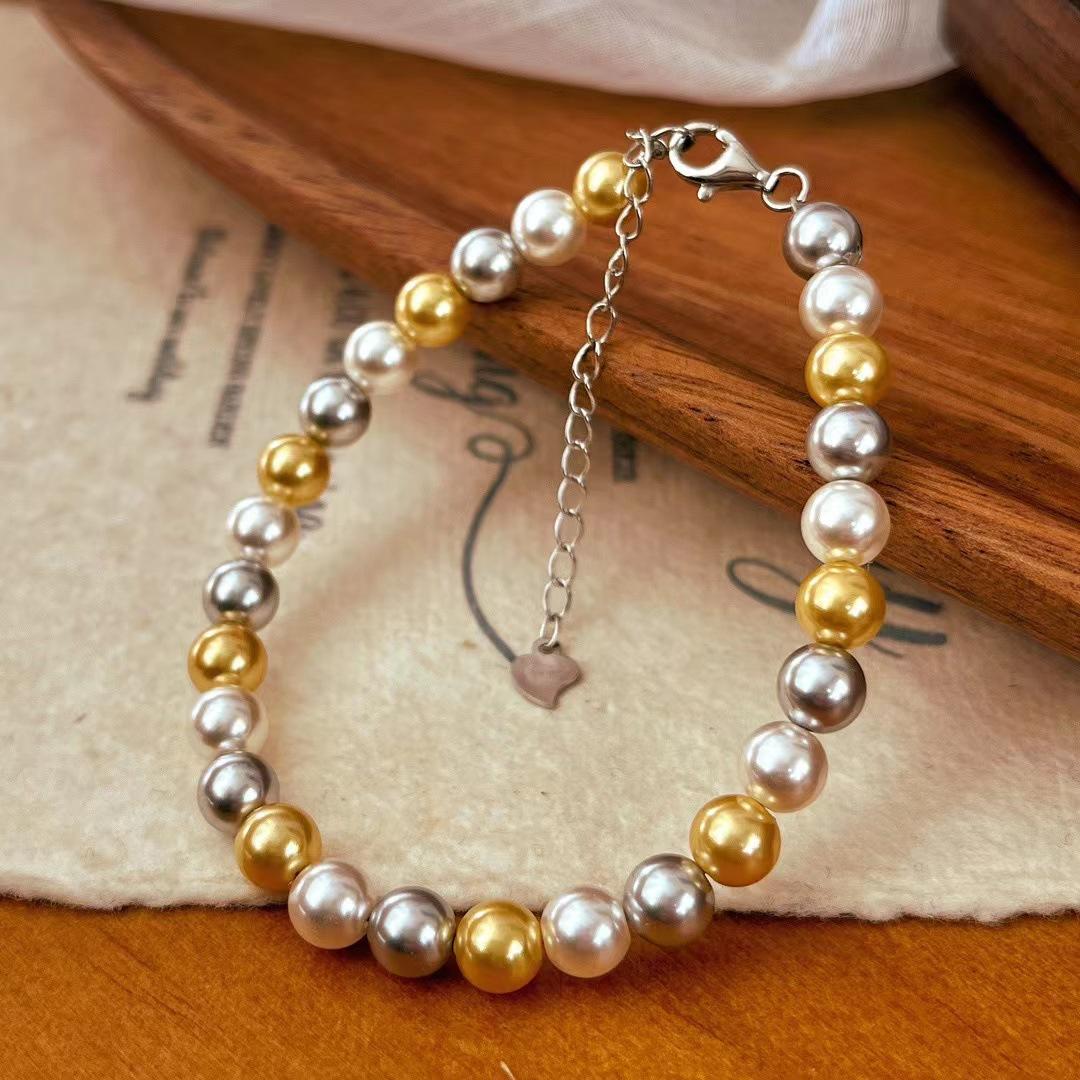 Vintage Maillard Style Shijia Mixed Color Warm Gold Pearl Mixed Color Bracelet 925 Silver