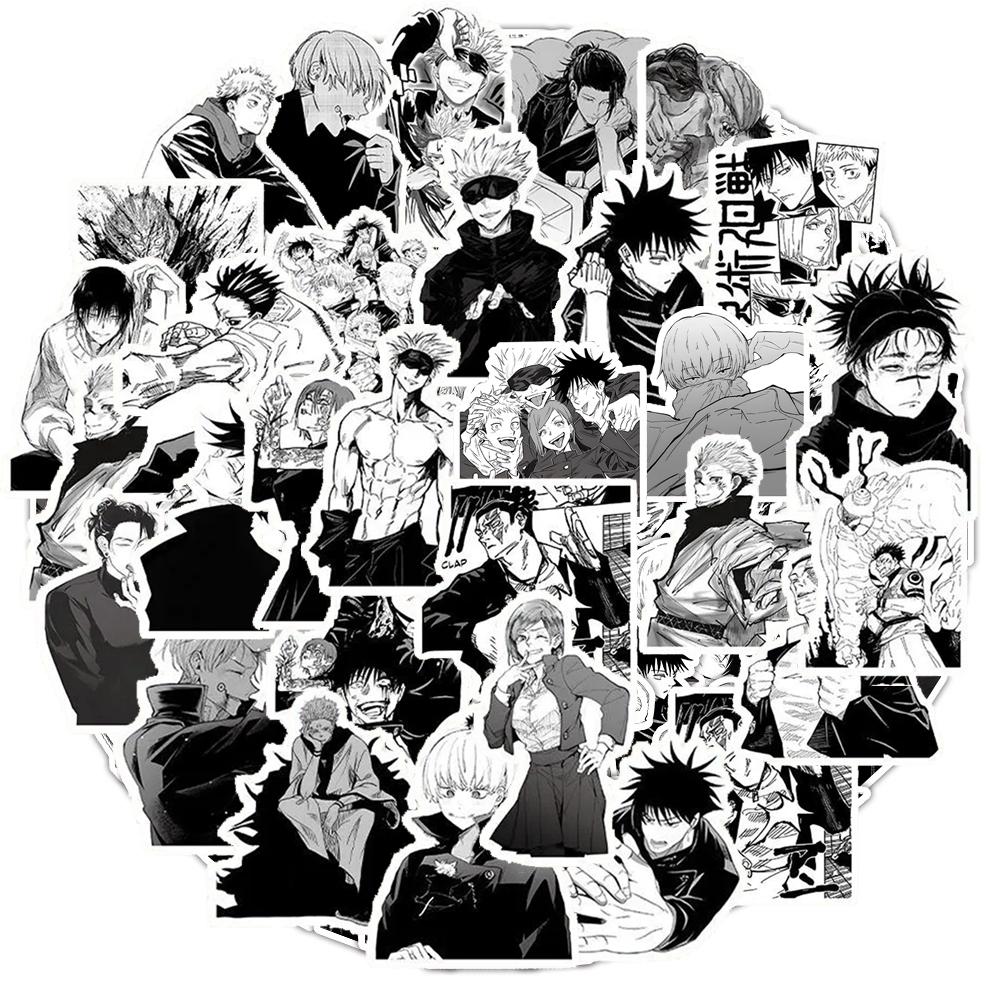 10/30/50/100 Piezas Pegatinas Clásicas de Anime Jujutsu Kaisen Calcomanías Geniales en Blanco y Negro Pegatina de Dibujos Animados Manga para Maleta Portátil Teléfono DIY