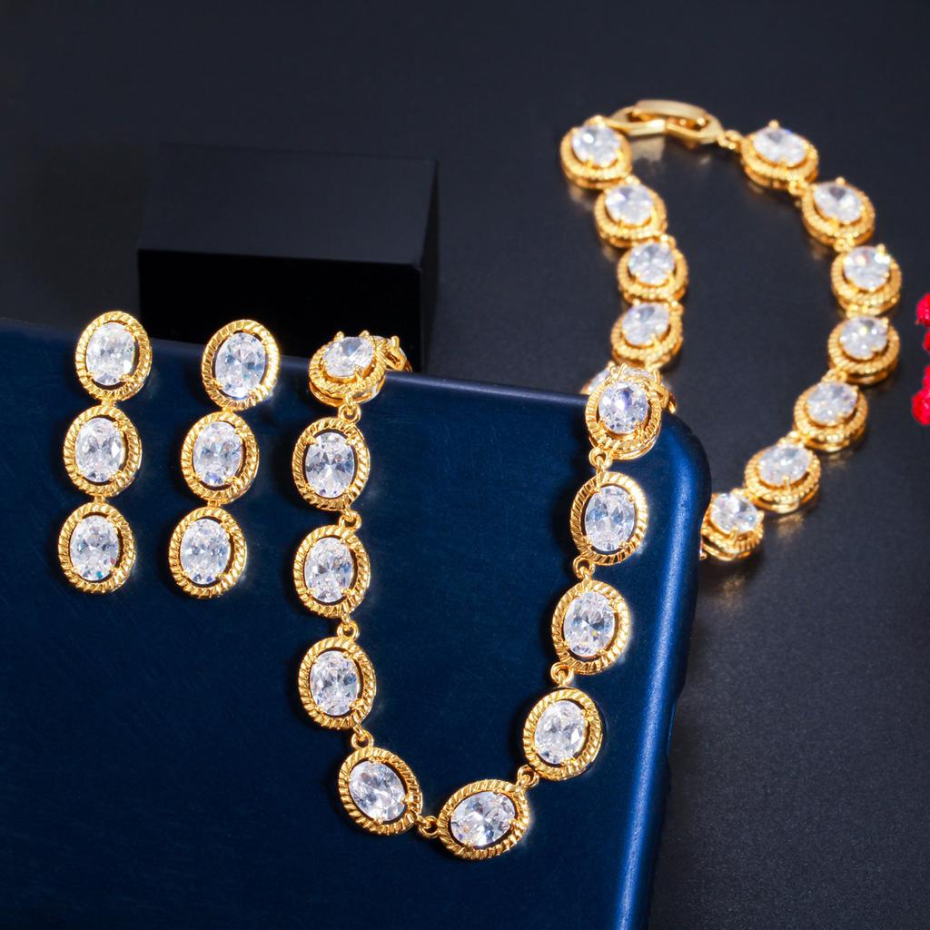 Exquisite Zircon Necklace Earrings Set, Environmentally Friendly Copper Electroplated Real Gold Chain Set, Bridal Wedding Accessories Jewelry