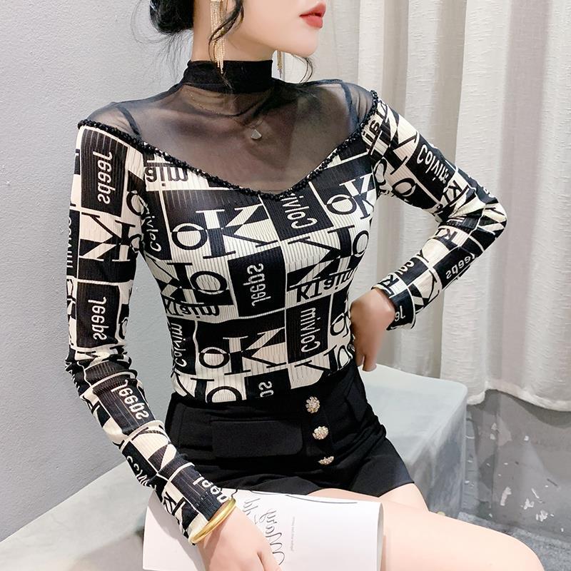2024 Autumn Women's Slimming Mesh Print Long Sleeve Shirt