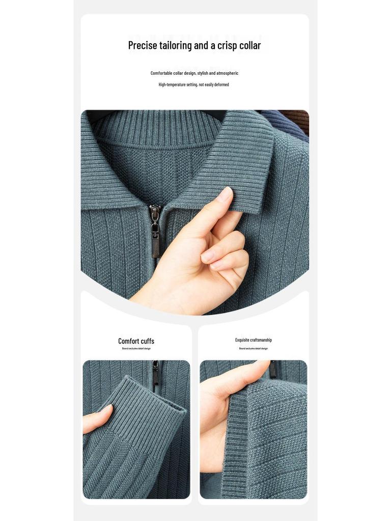 Men's Mid-Aged Half-Zip Knit Polo Shirt - Thick Solid Color Sweater for Autumn and Winter