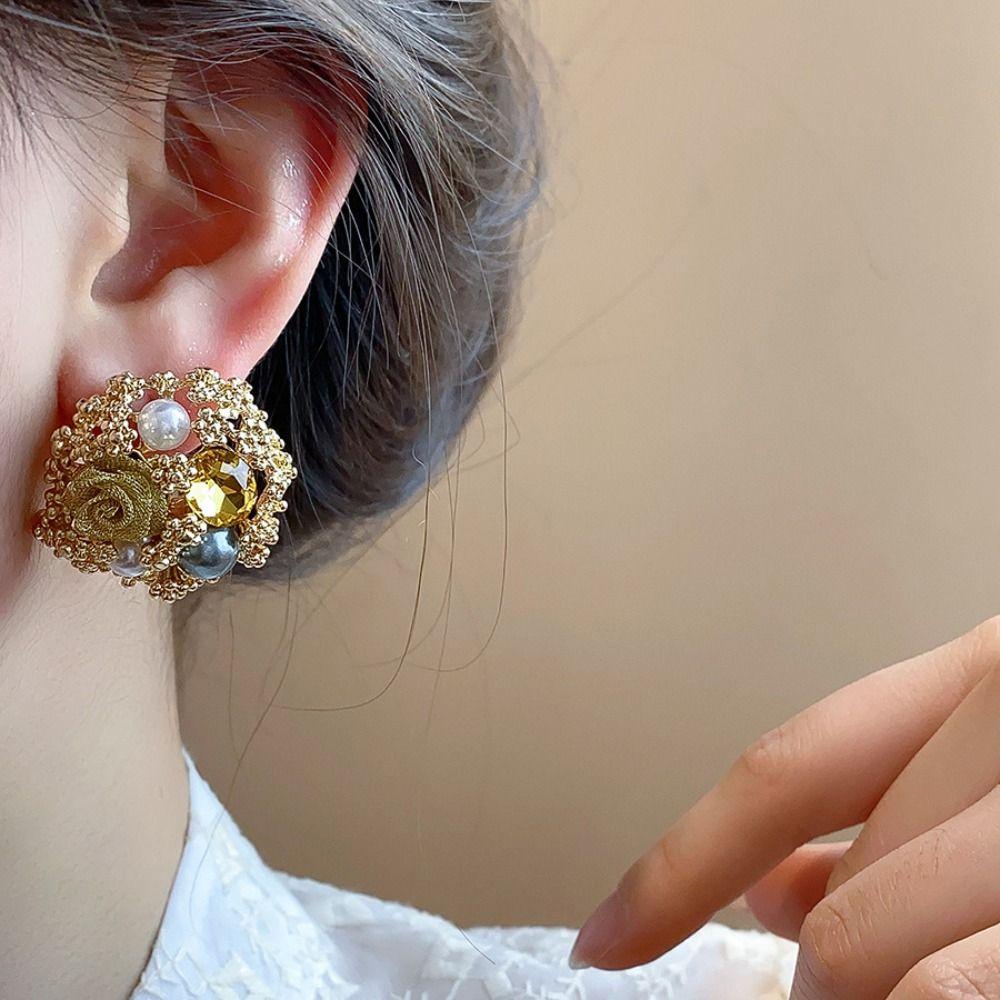 Rhinestone Garland Earrings Exquisite Flower Stud Earrings Elegant Vintage Pearl Earrings  Party