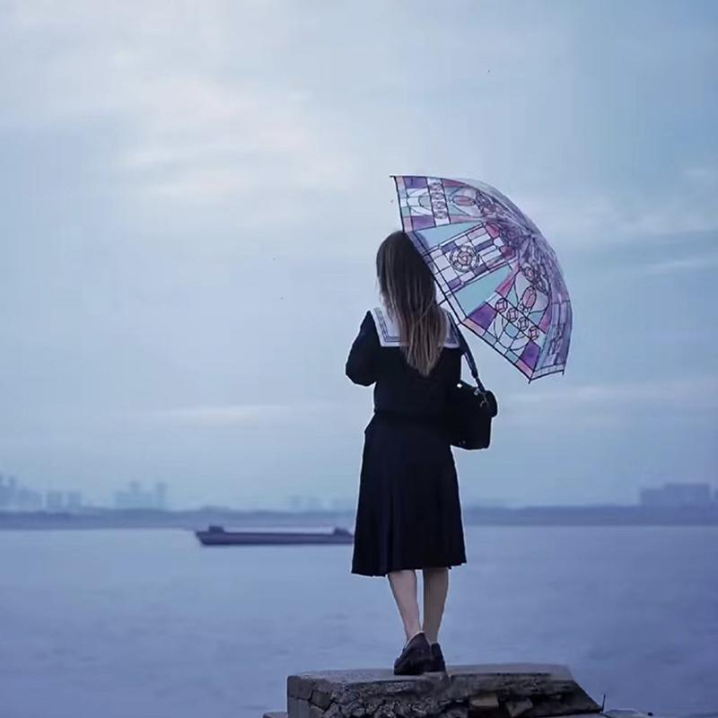 British Wind Rainforest Arch Transparent Umbrella Stained Glass Transparent Umbrella Long Handle Automatic Romantic Parasol