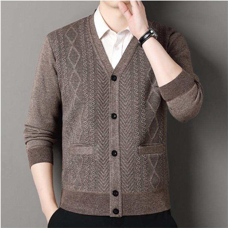 

Мужская повседневная куртка-кардиган с V-образным вырезом, свитер, мужская осенне-зимняя одежда, кардиганы с пуговицами, мужские вязаные свитера, верхняя одежда XL кофейный