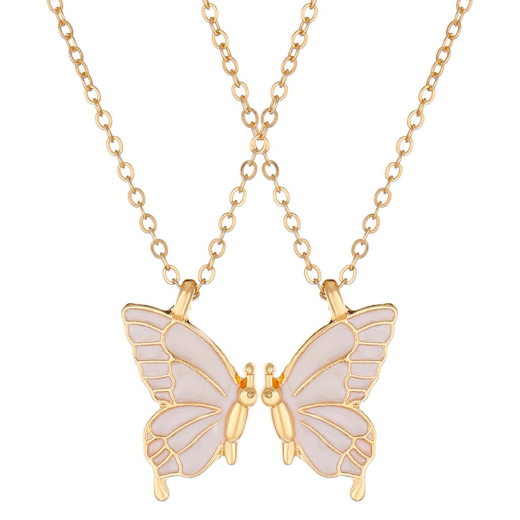 Split Butterfly Pendant Necklace Set Pink Enamel Matching Butterfly Necklaces for Best Friends