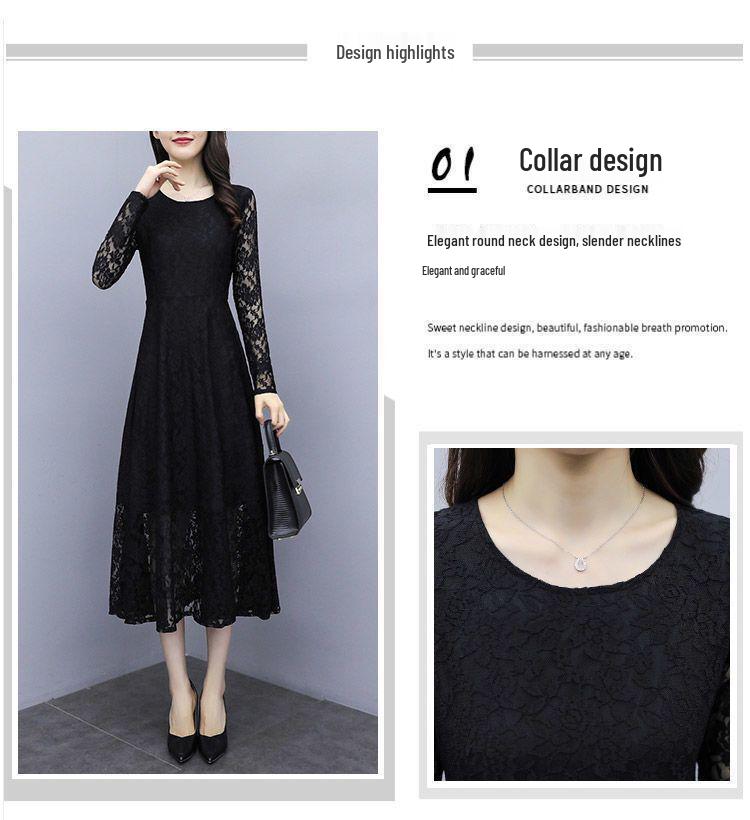 Women's Plus Size Black Lace A-line Long Skirt Dress - Spring/Summer 2026, New Style, Long Sleeve, Elegant Fit