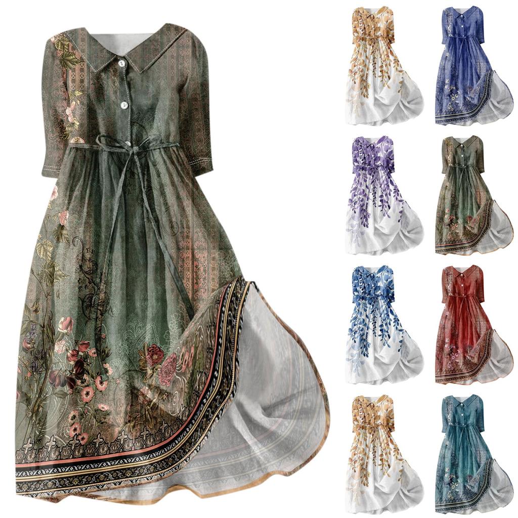 Women's Fashion Casual Printed Lapel Collar Button 3/4 Sleeve Clothing Straps Dress