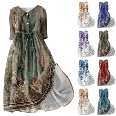 Women's Fashion Casual Printed Lapel Collar Button 3/4 Sleeve Clothing Straps Dress