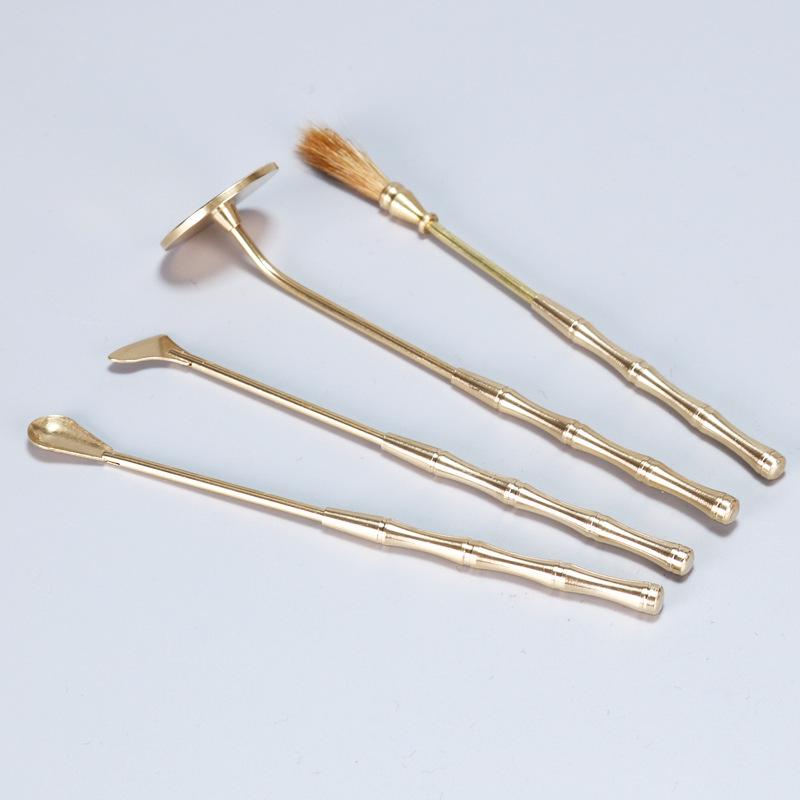 Brass Incense Ceremony Set: Natural Color Seal, Ash Press, Tamping Tool, Brush, Spade