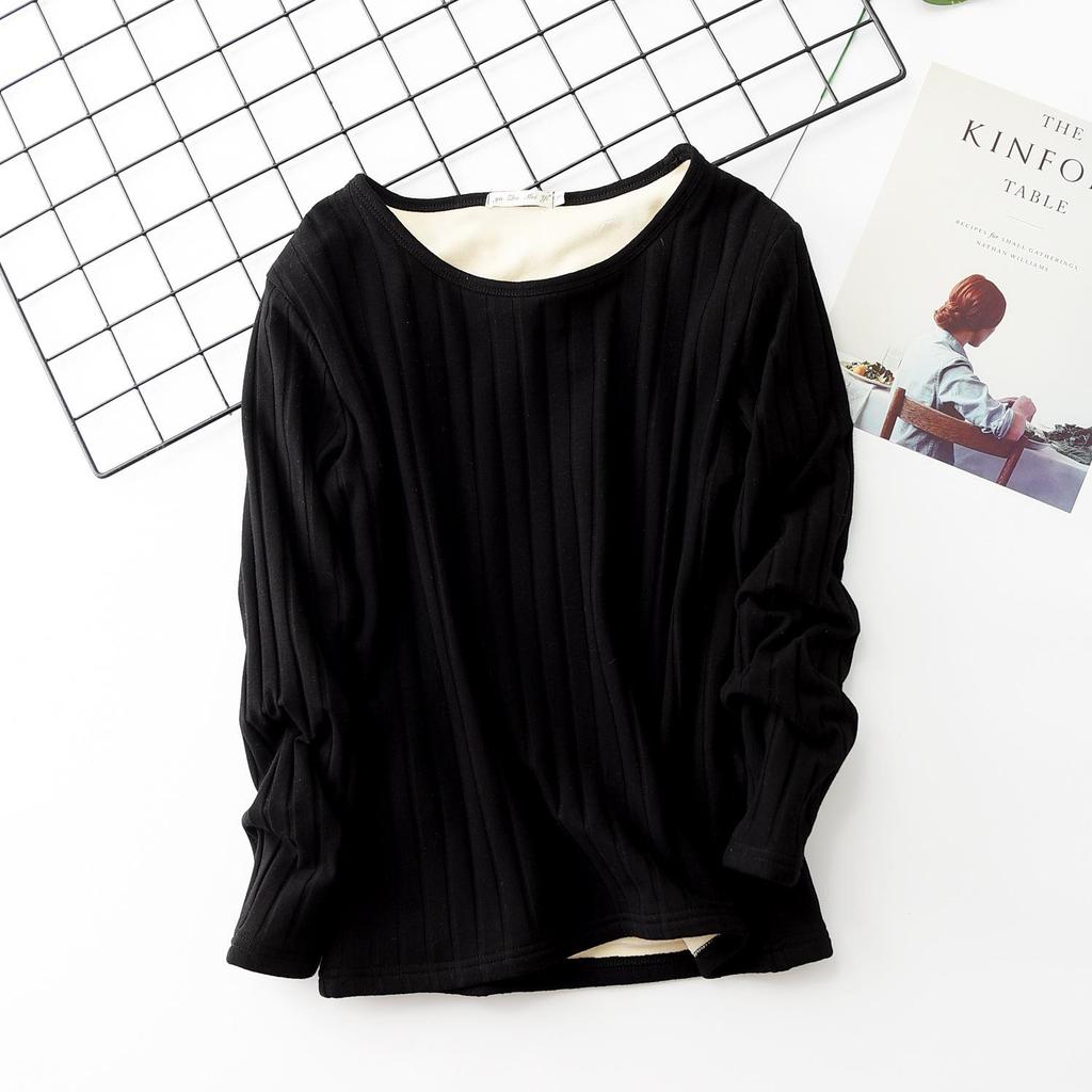 Thick Plus-Size Velvet-Lined Long-Sleeve Ribbed Cotton T-Shirt - Korean Style