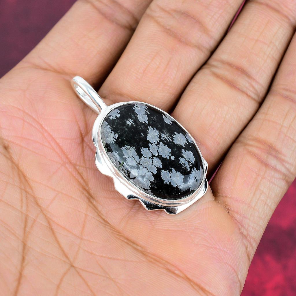 Wisiorek z obsydianu w kształcie płatka śniegu, 925 solidne srebro próby 925, ręcznie robiony delikatny wisiorek z kamieniami szlachetnymi, dla niej